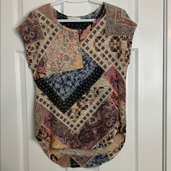 Ginger G Tops - Ginger G Cream Brown Pink Blue Asymmetrical Sleeveless Top